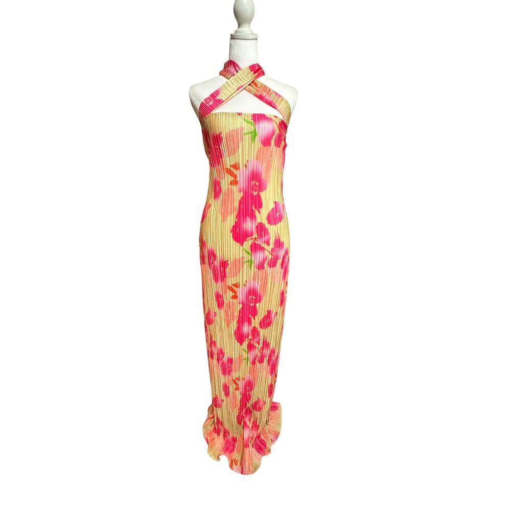 Pink and gold floral pleated maxi dress